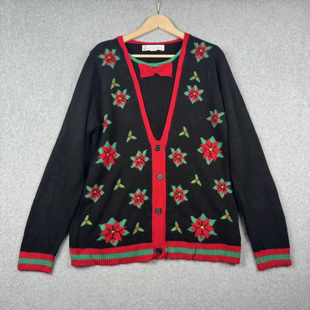 Jolly Sweaters Cardigan Womens Large Black Poinsettia Christmas‎ Bow Tie Knit